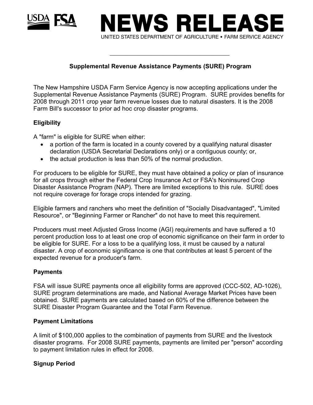 Supplemental Revenue Assistance Payments (SURE) Program