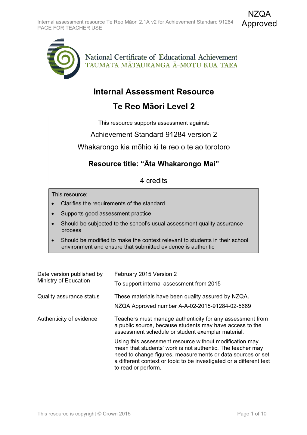 Level 2 Te Reo Maori Internal Assessment Resource