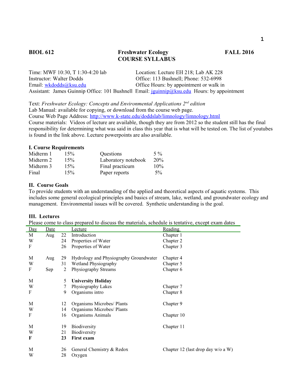 Biol 612 Limnology Fall 1996