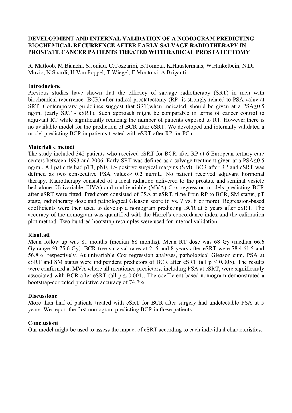 Development and Internal Validation of a Nomogram Predicting Biochemical Recurrence After