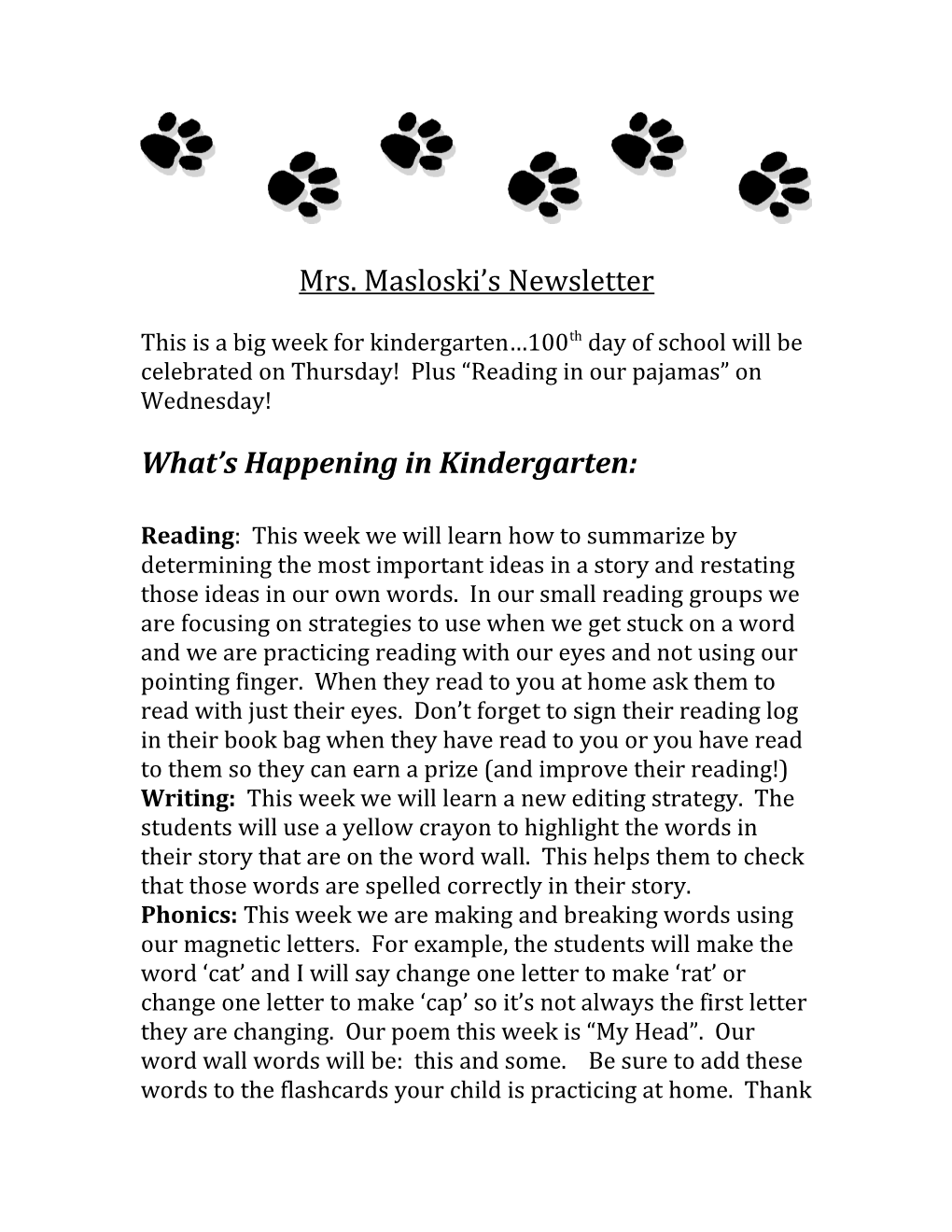 Mrs. Masloski S Newsletter