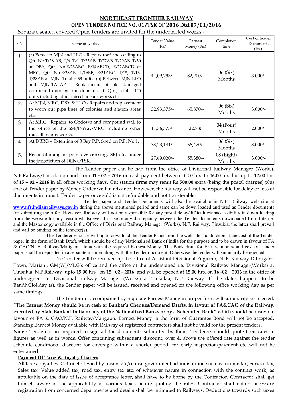 OPEN TENDER NOTICE NO. 01/TSK of 2016 Dtd.07/01/2016