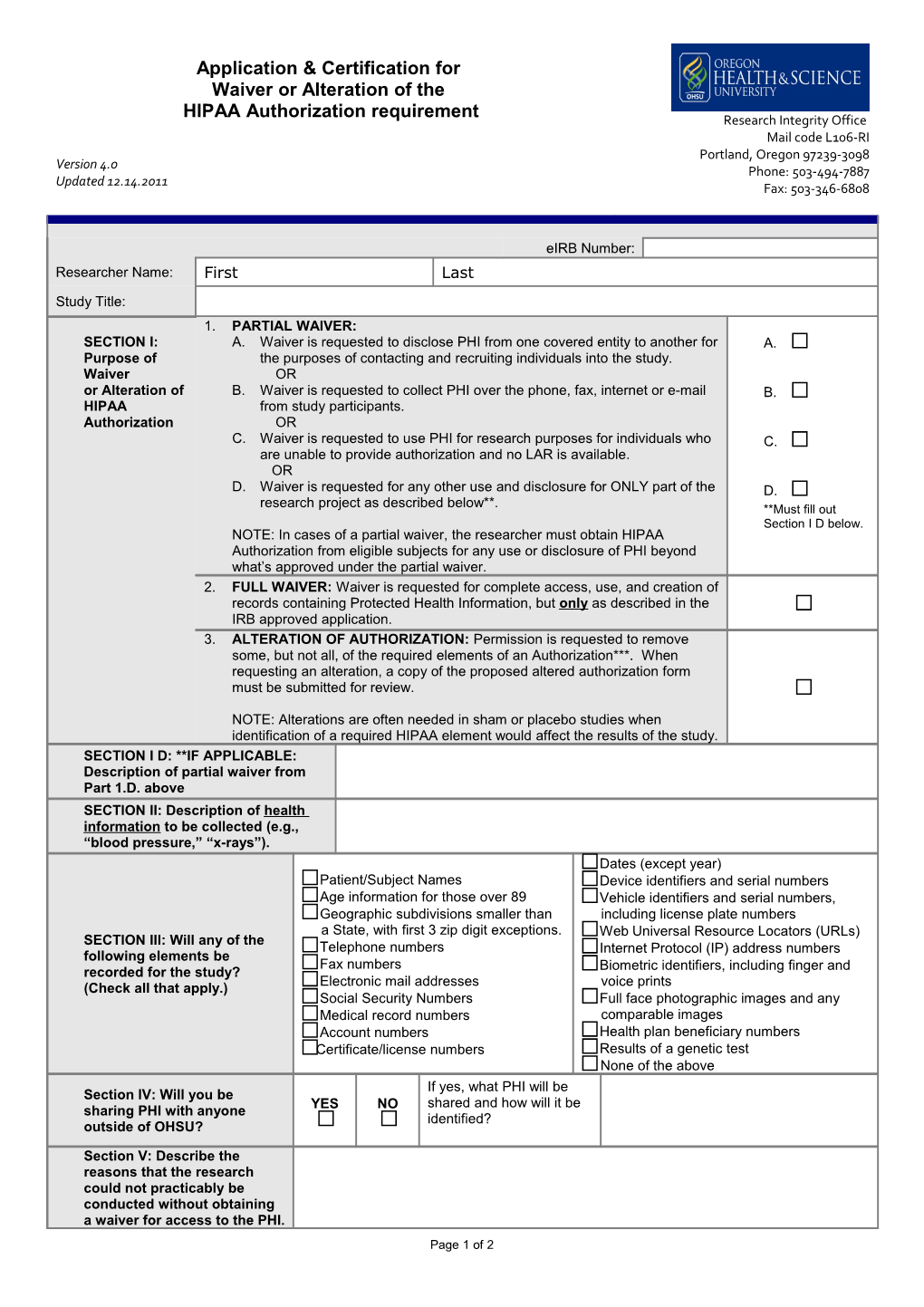 Regulatory Checklist HIP1 - Waiver of HIPAA Authorization