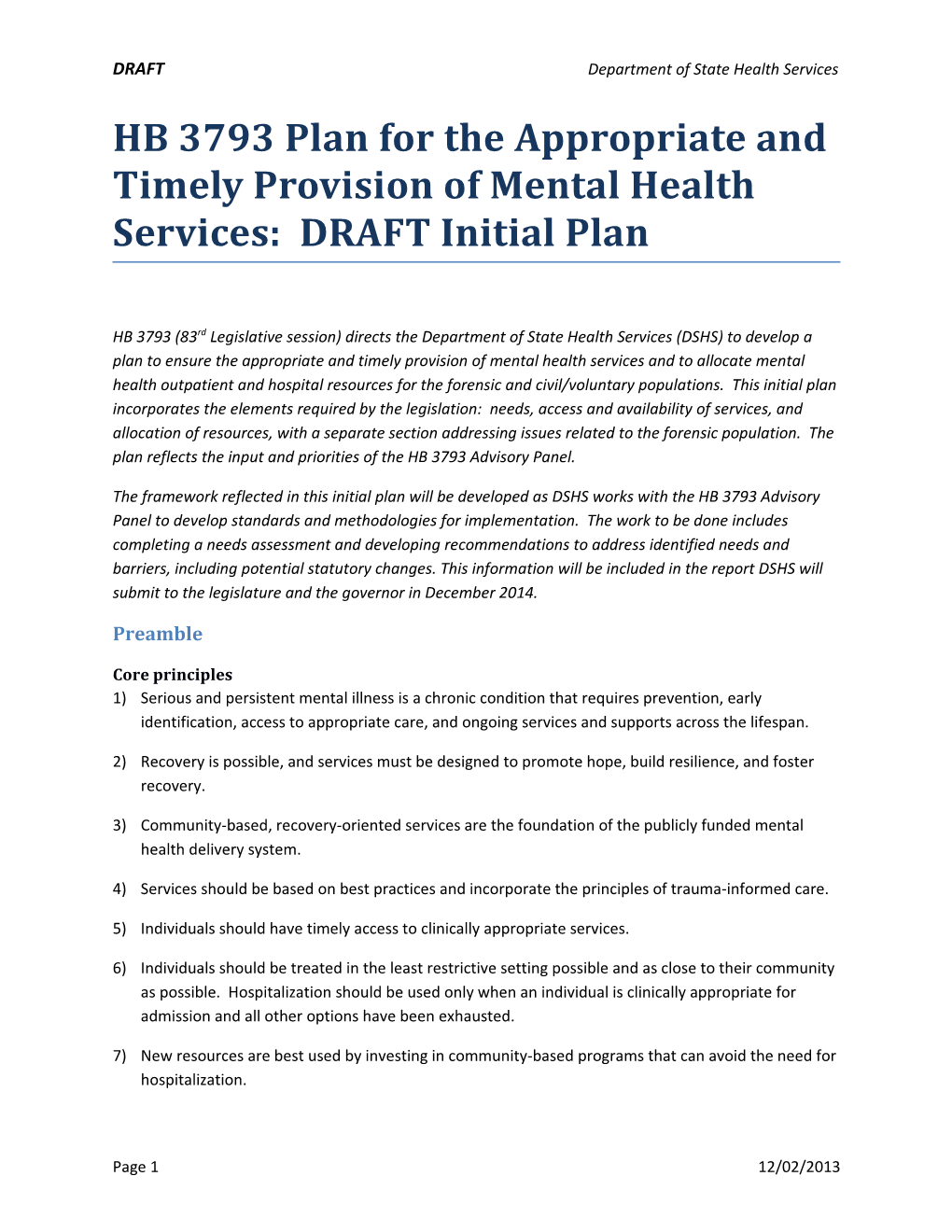 HB 3793 Plan for the Appropriate and Timely Provision of Mental Health Services: DRAFT