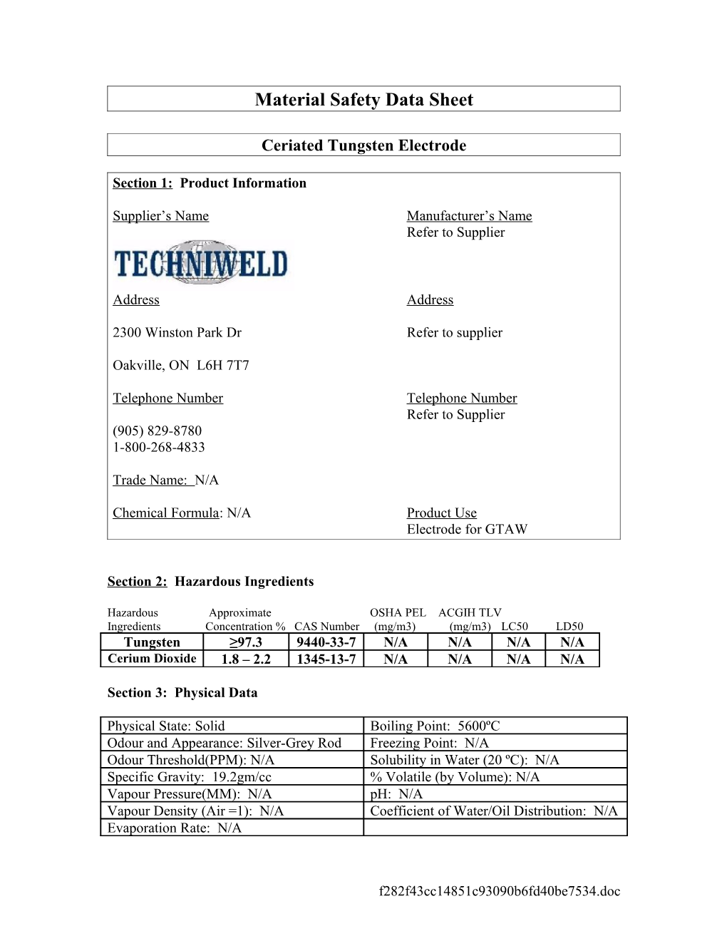 Material Safety Data Sheet/Fiche Signaletique s1