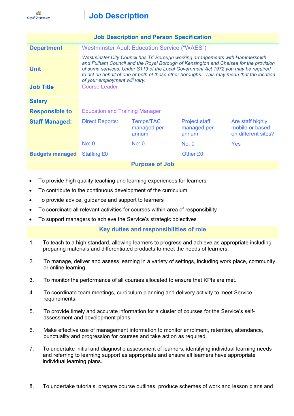 Job Description and Person Specification s1