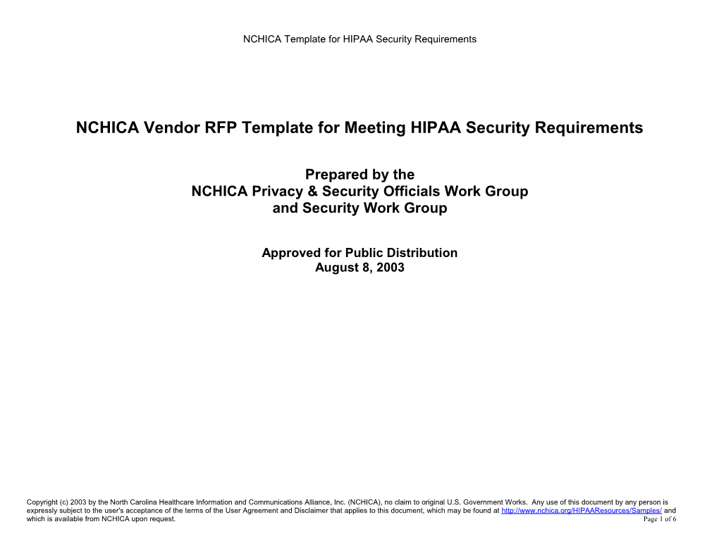NCHICA Vendor RFP Template for Meeting HIPAA Security Requirements