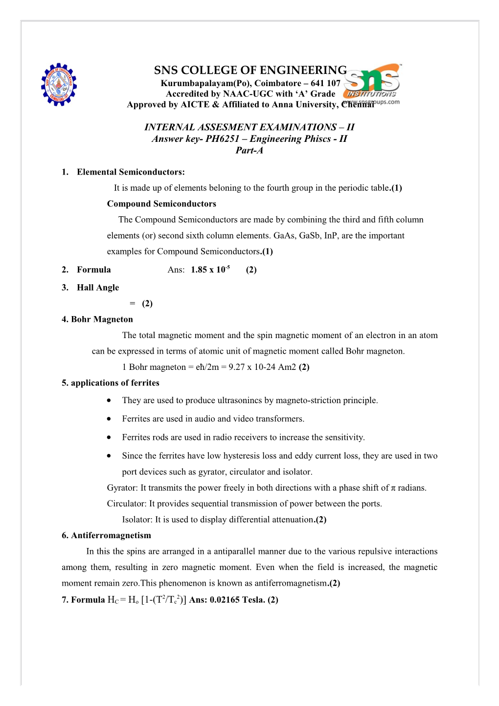 Answer Key- PH6251 Engineering Phiscs - II