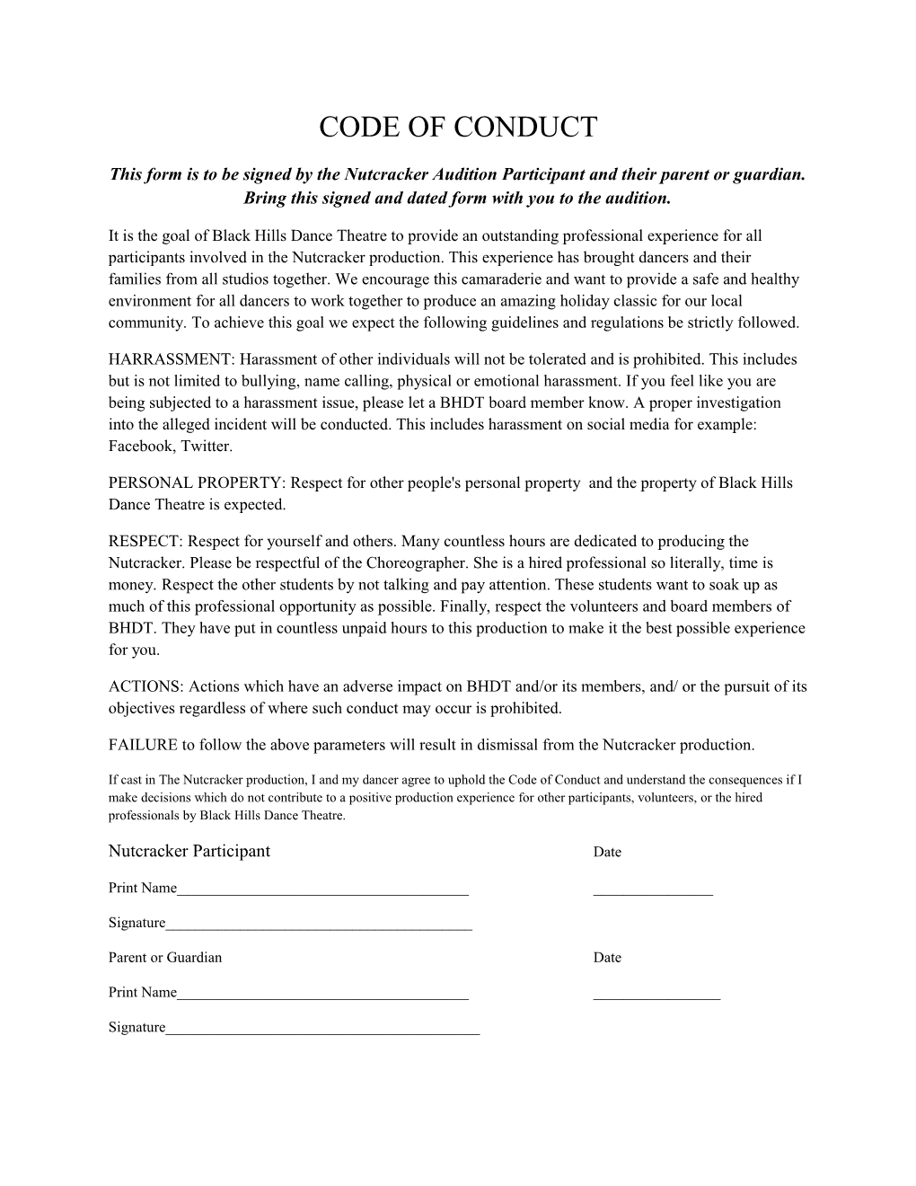 This Form Is to Be Signed by the Nutcracker Audition Participant and Their Parent Or Guardian