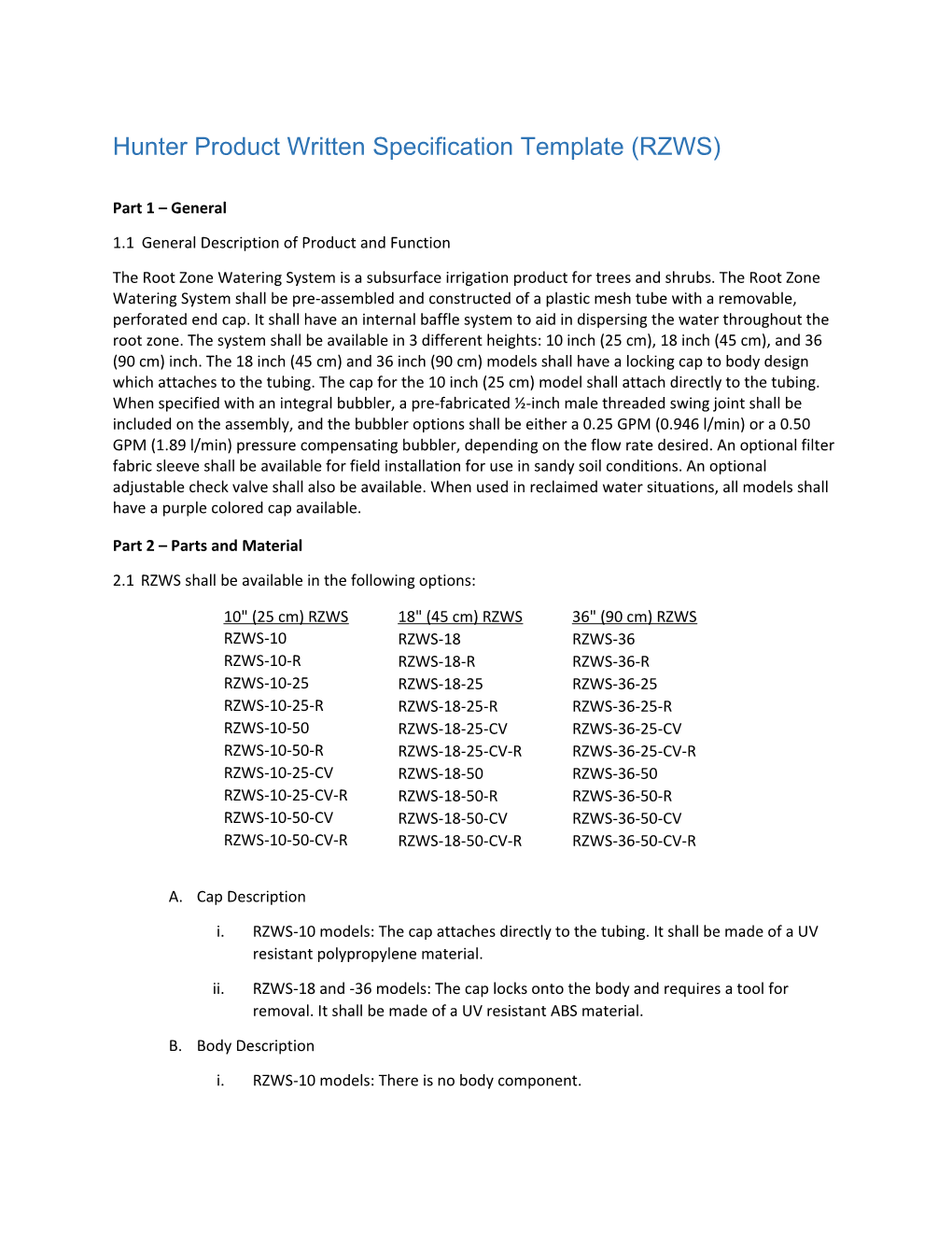 Hunter Product Written Specification Template (RZWS)