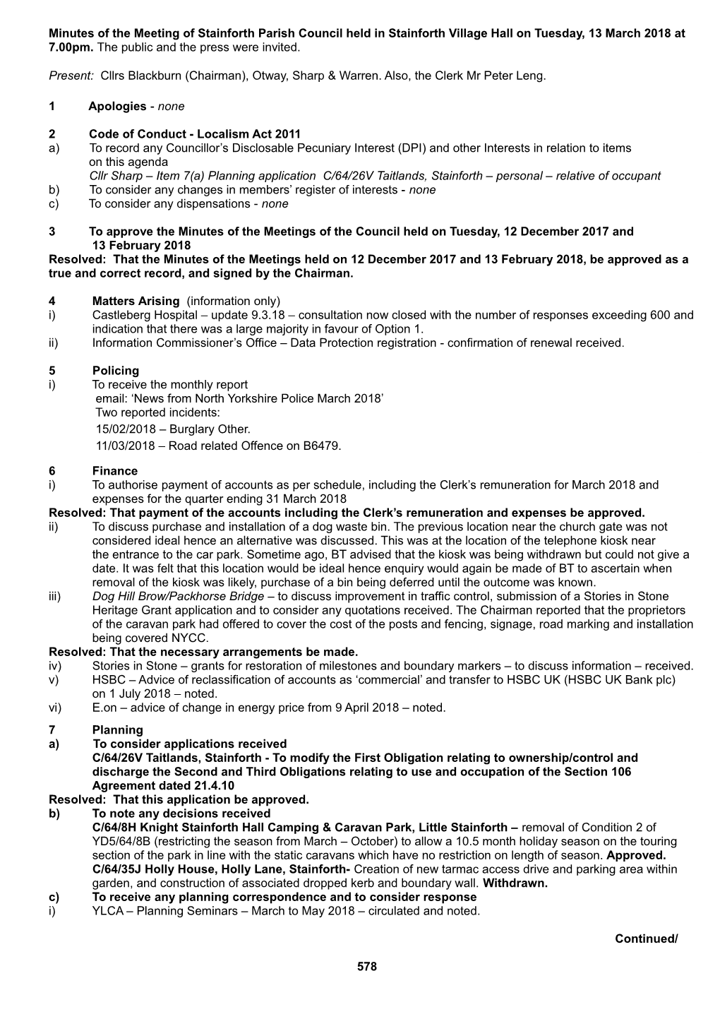 Agenda for the Meeting of Stainforth Parish Council to Be Held in Stainforth Village Hall