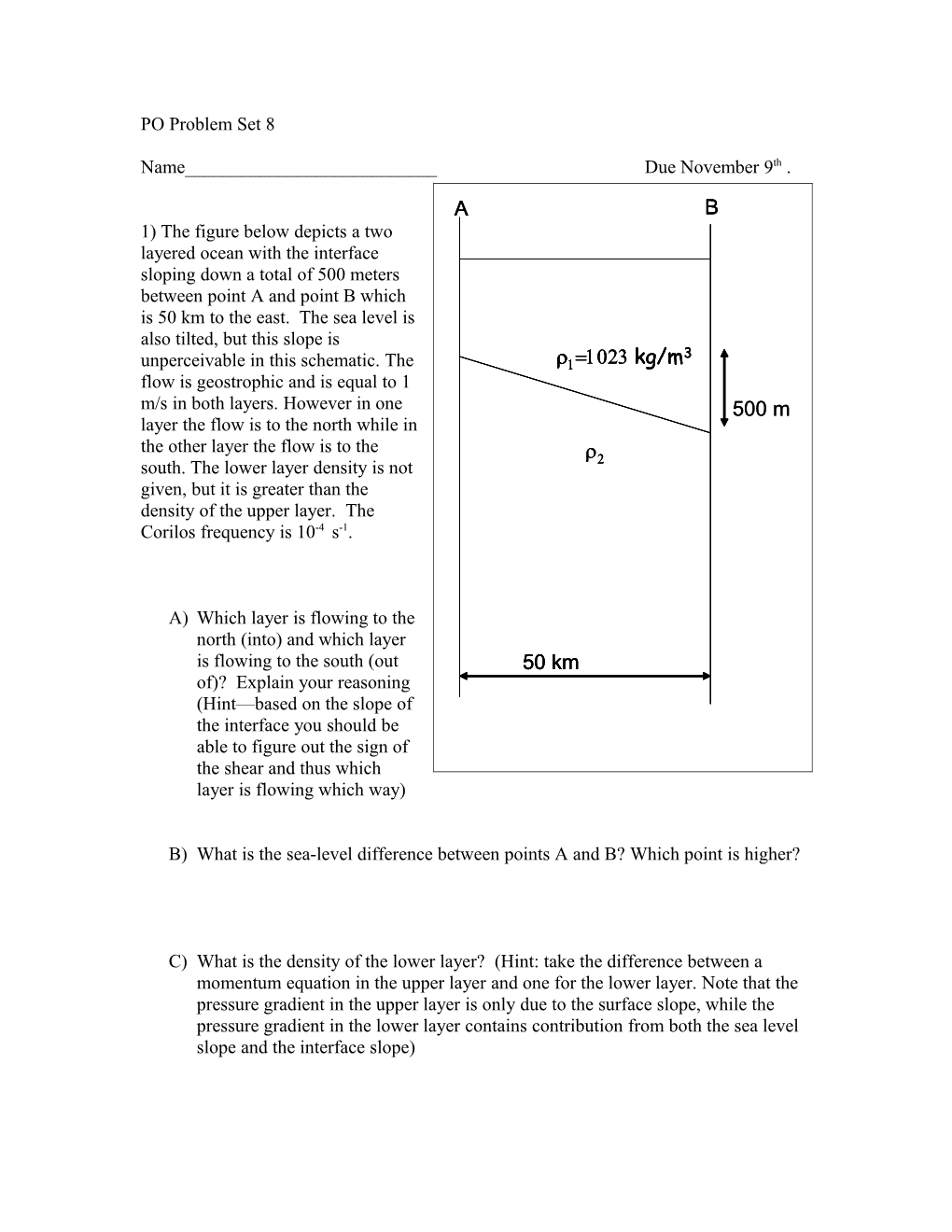 The Figure Below Depicts a Two Layered Ocean with the Interface Sloping Down a Total Of