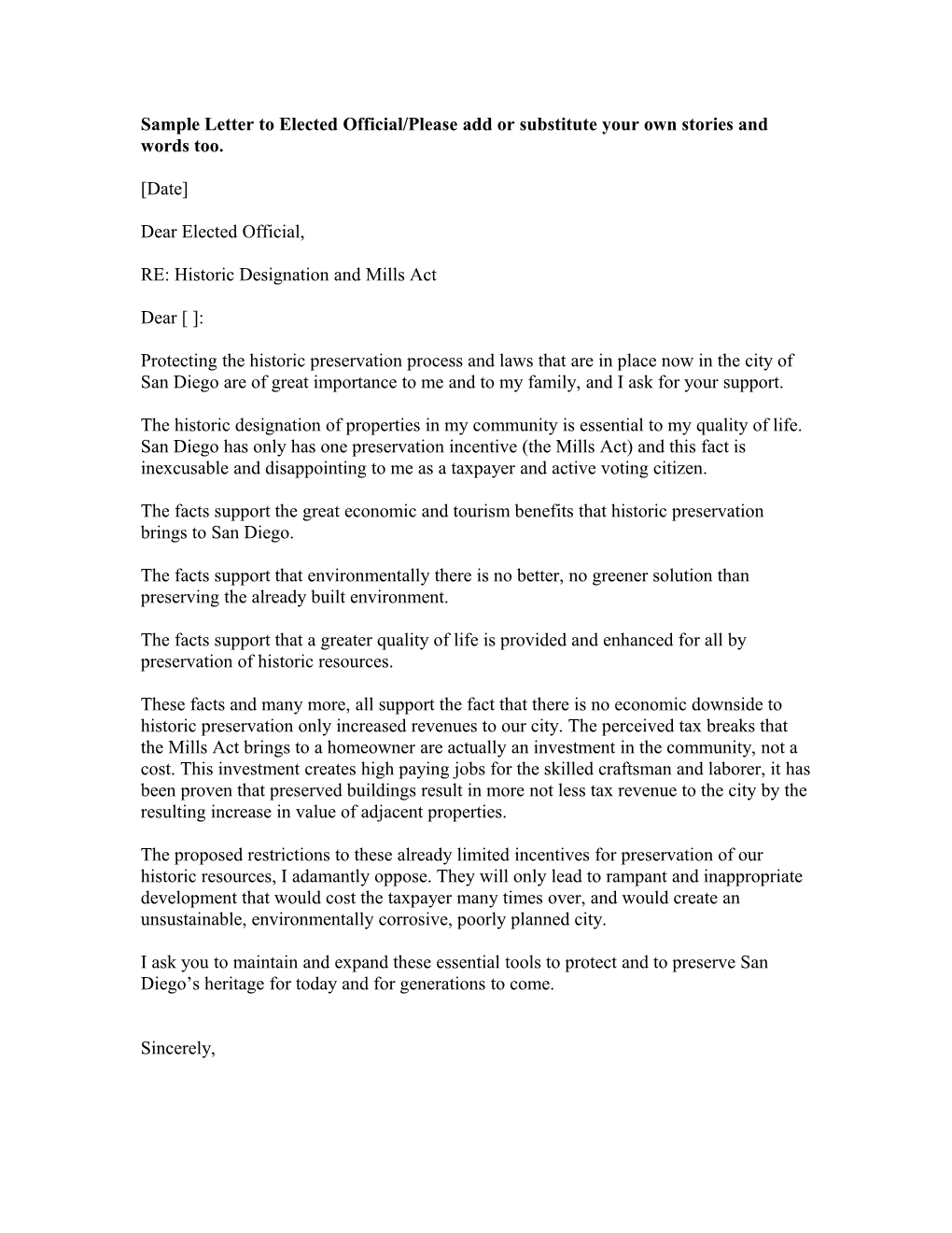 Sample Letter to Elected Official