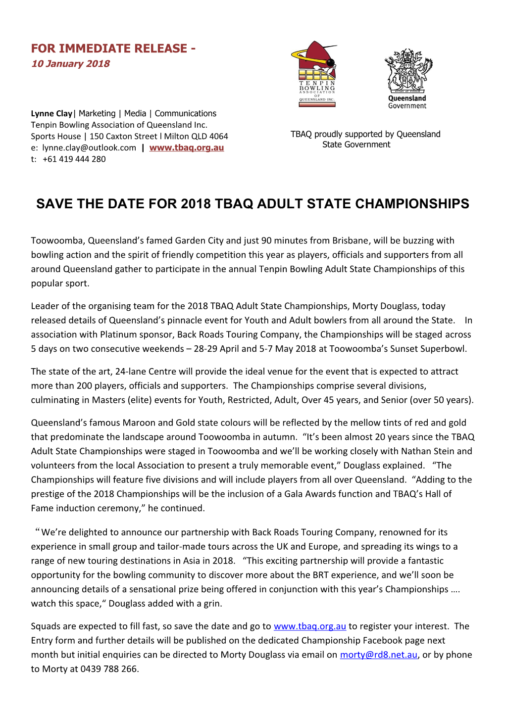 Save the Date for 2018 Tbaq Adult State Championships