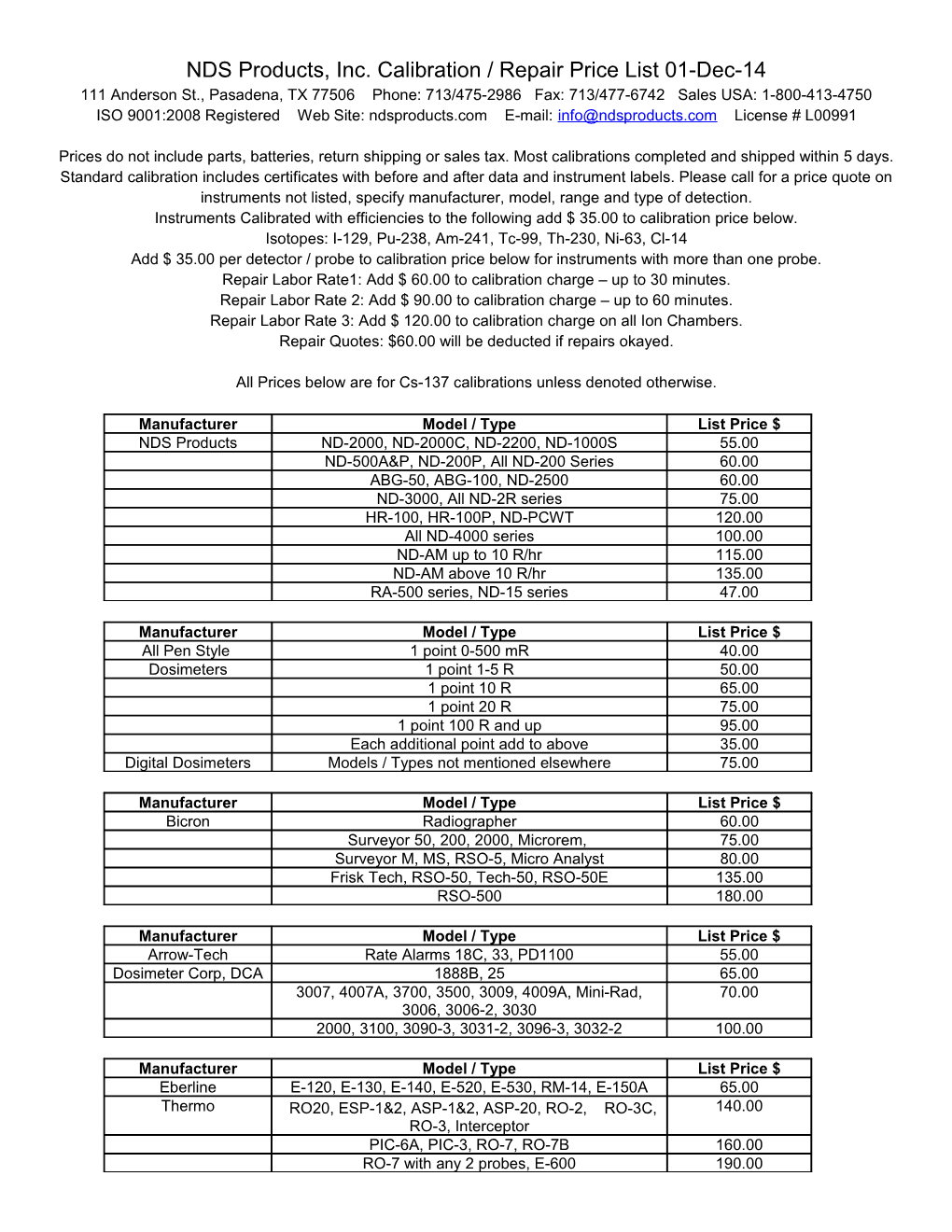 NDS Products, Inc. Calibration / Repair Price List 01-Dec-14