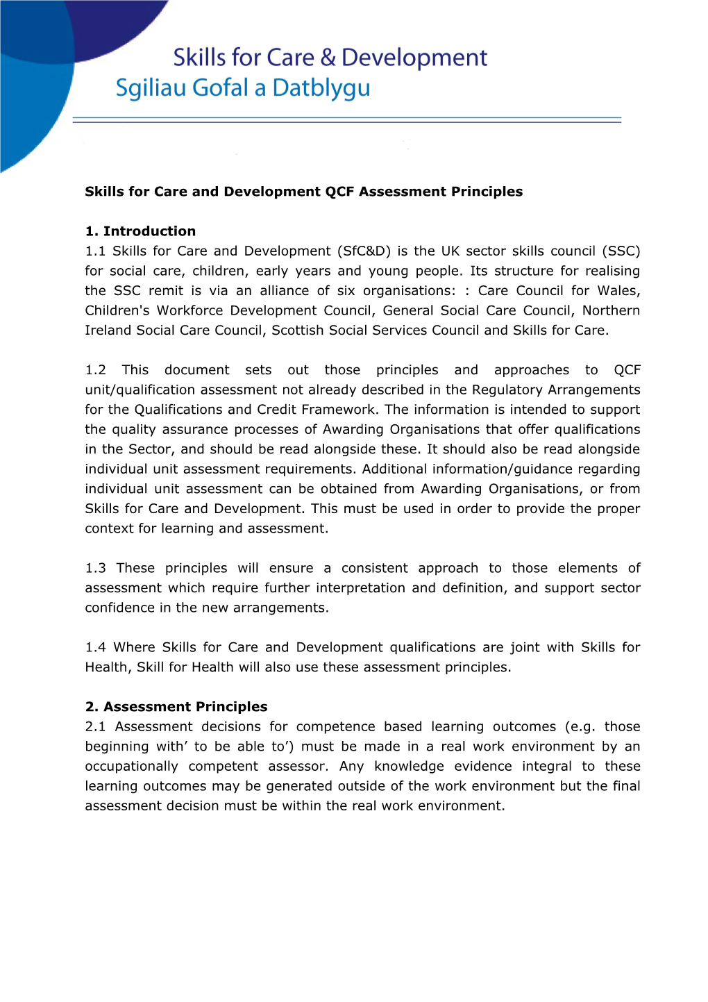 Skills for Care and Development QCF Assessment Principles