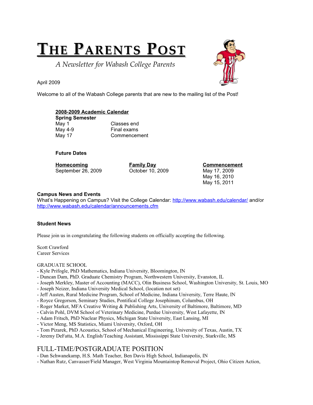 A Newsletter for Wabash College Parents