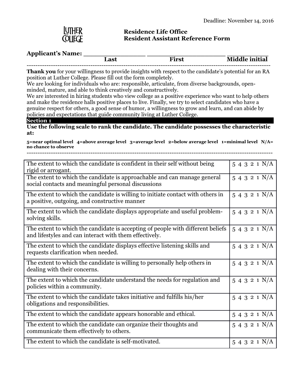 Resident Assistant Reference Form