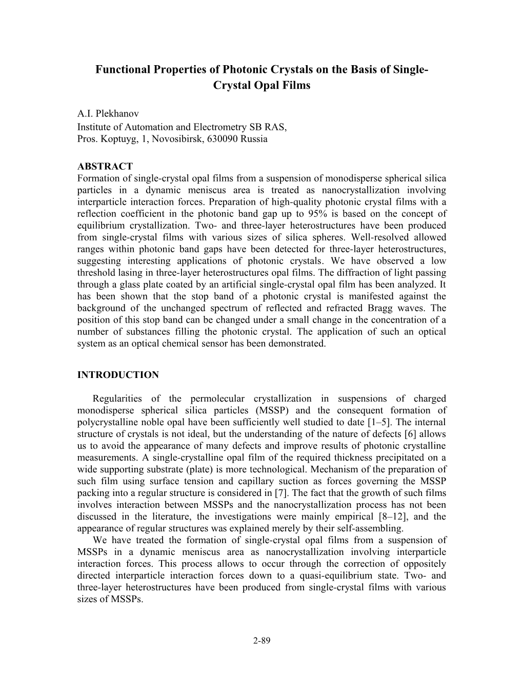 Functional Properties of Photonic Crystals on the Basis of Single-Crystal Opal Films