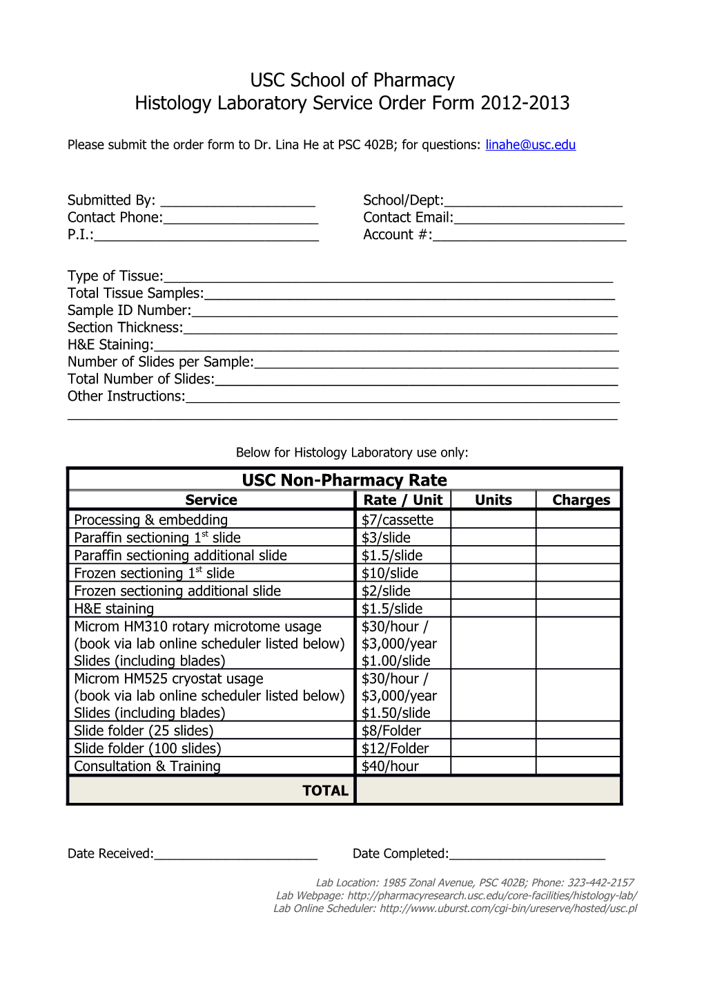 Histology Laboratory Service Order Form 2012-2013