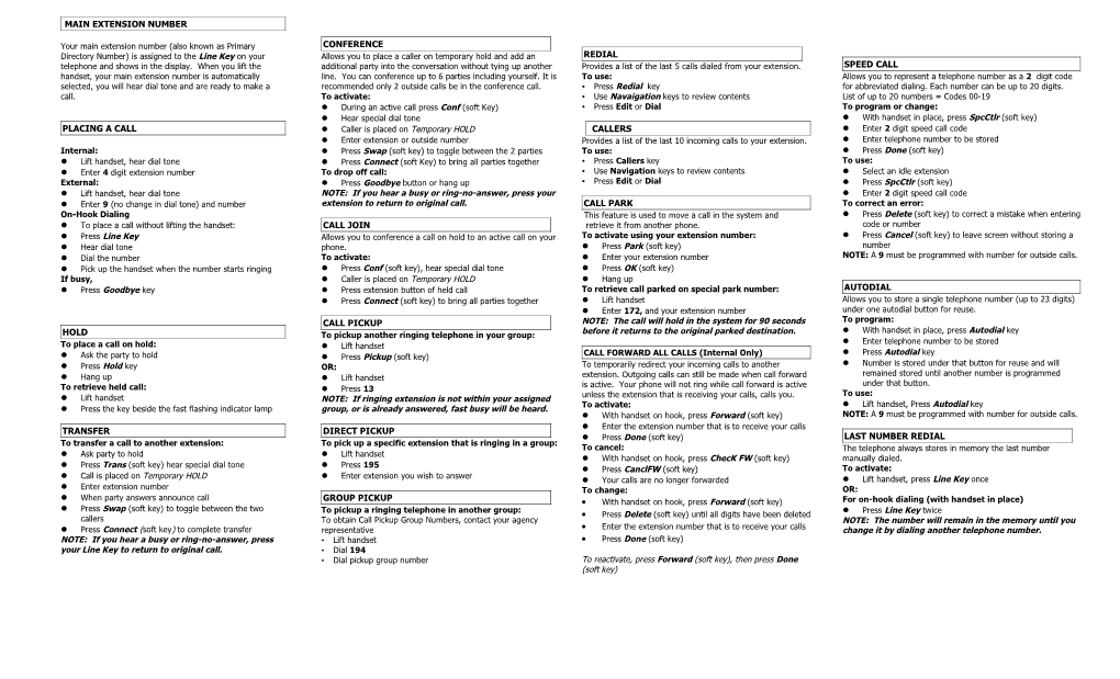 1) Main Extension Number