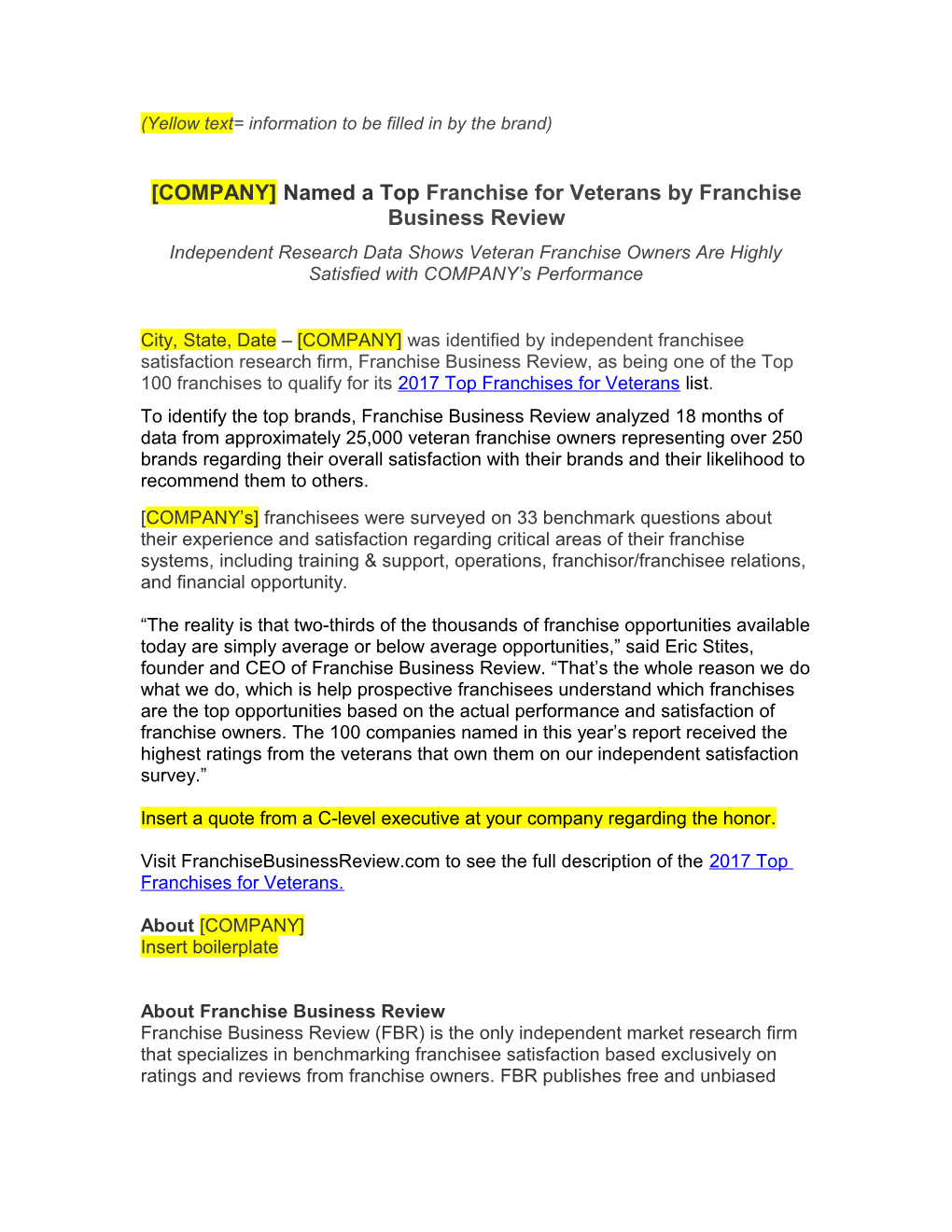 COMPANY Named a Top Franchise for Veterans Byfranchise Business Review