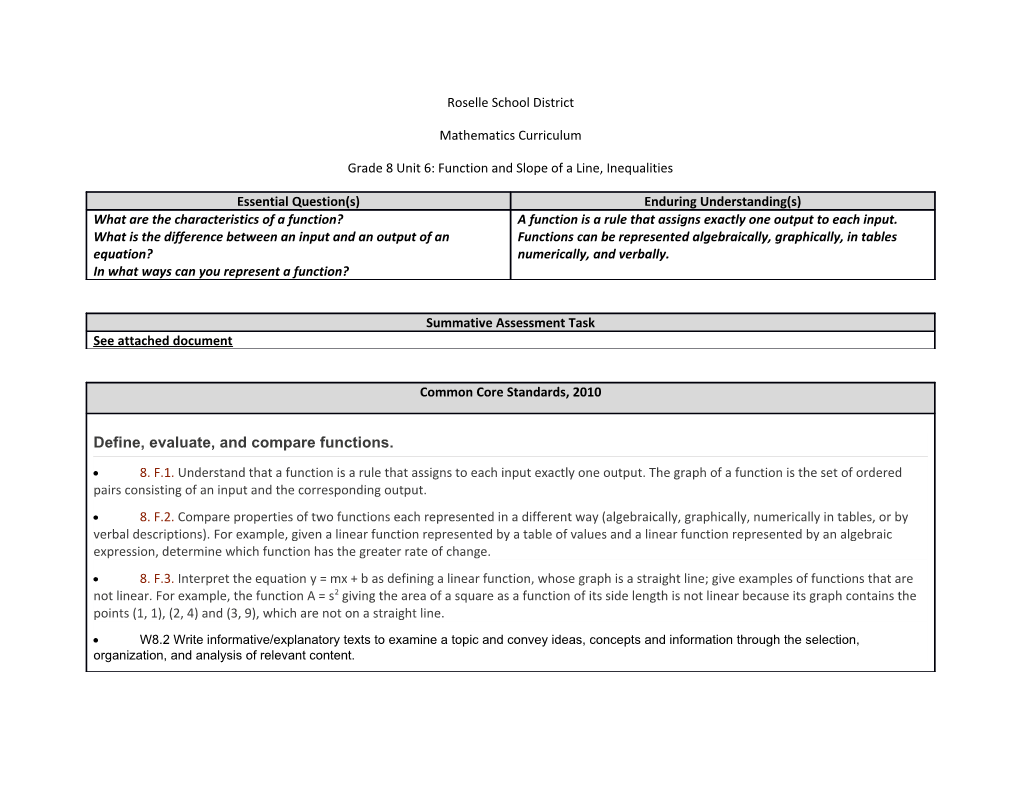 Grade 8 Unit 6: Function and Slope of a Line, Inequalities