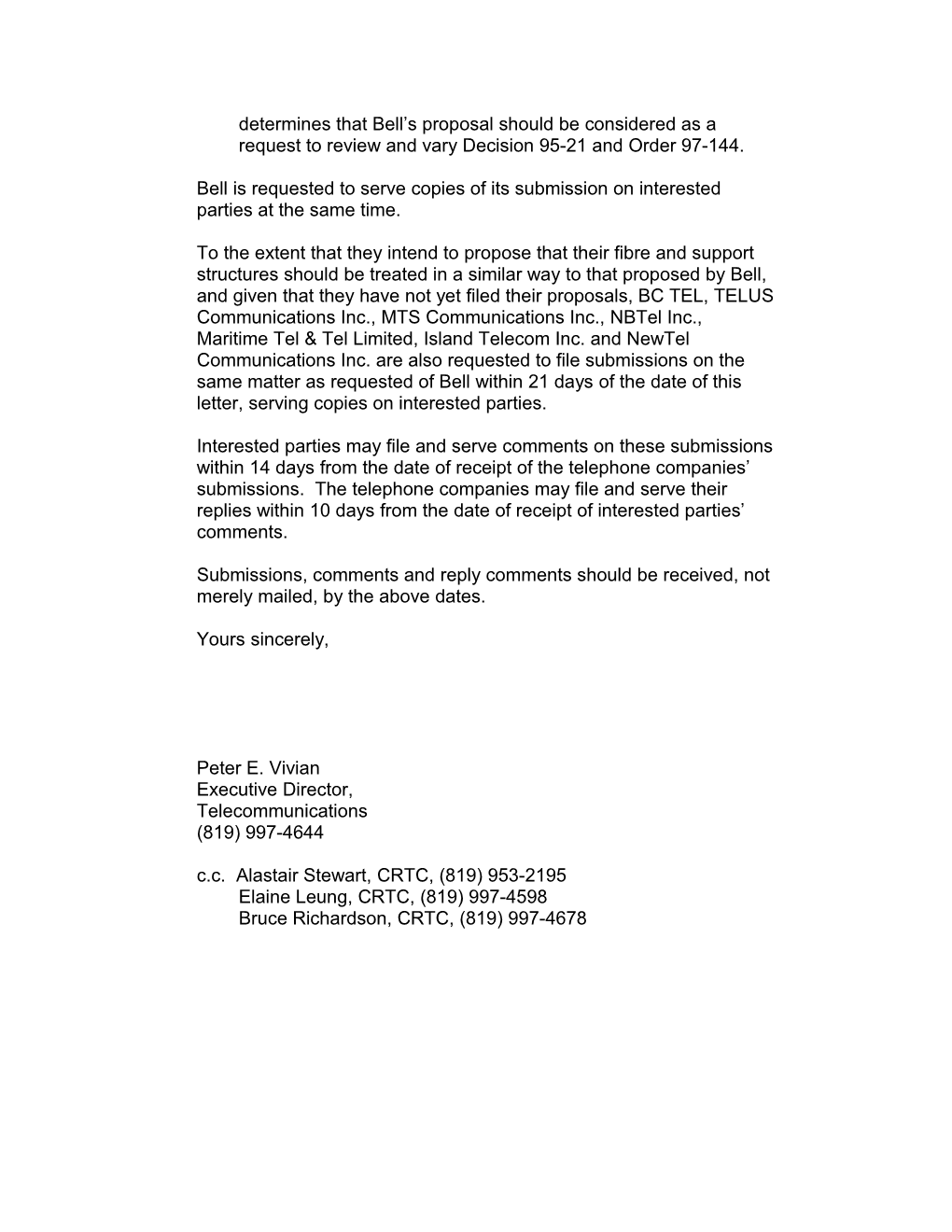 Subject: Bell Canada S Proposed Revisions to Its 1998