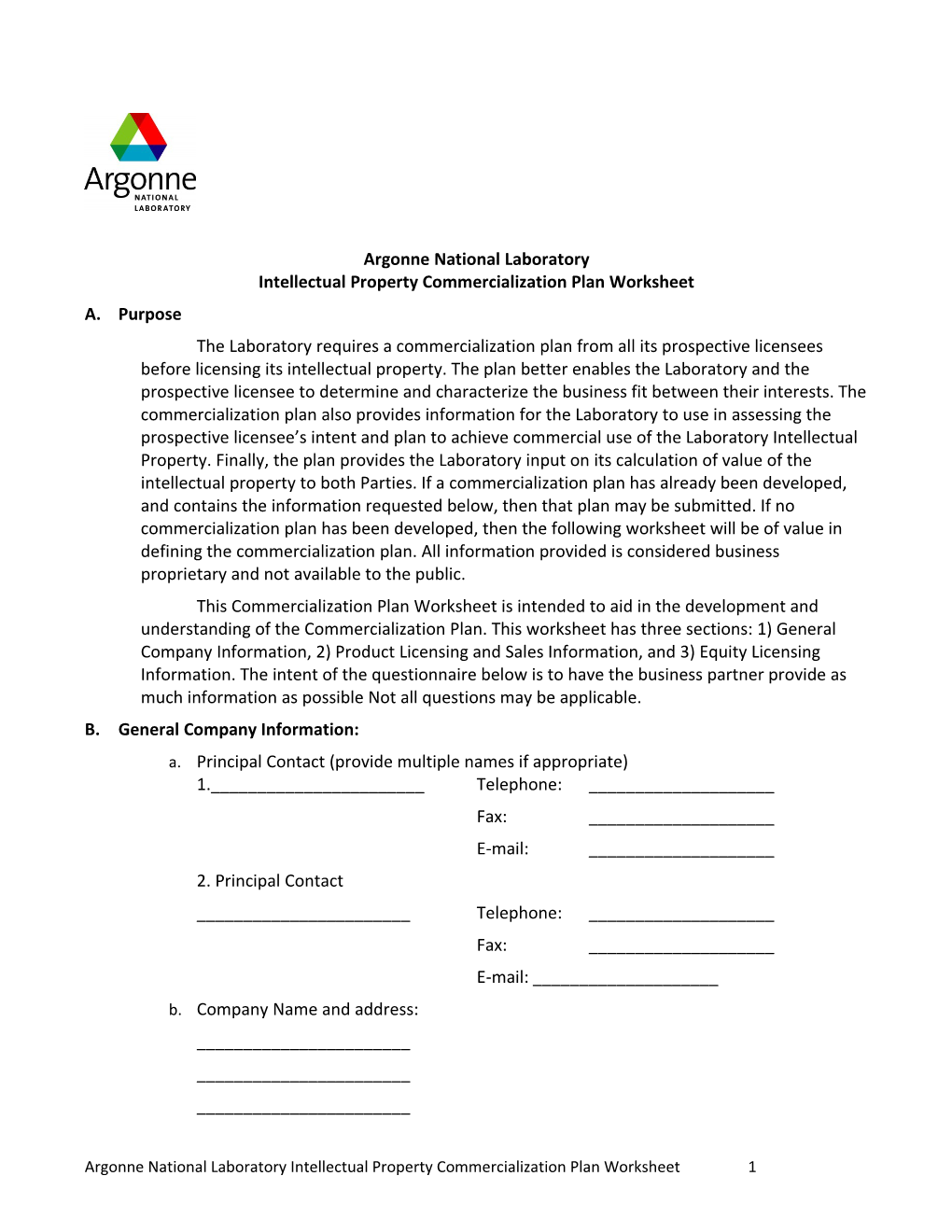 Argonne National Laboratory Intellectual Property Commercialization Plan Worksheet