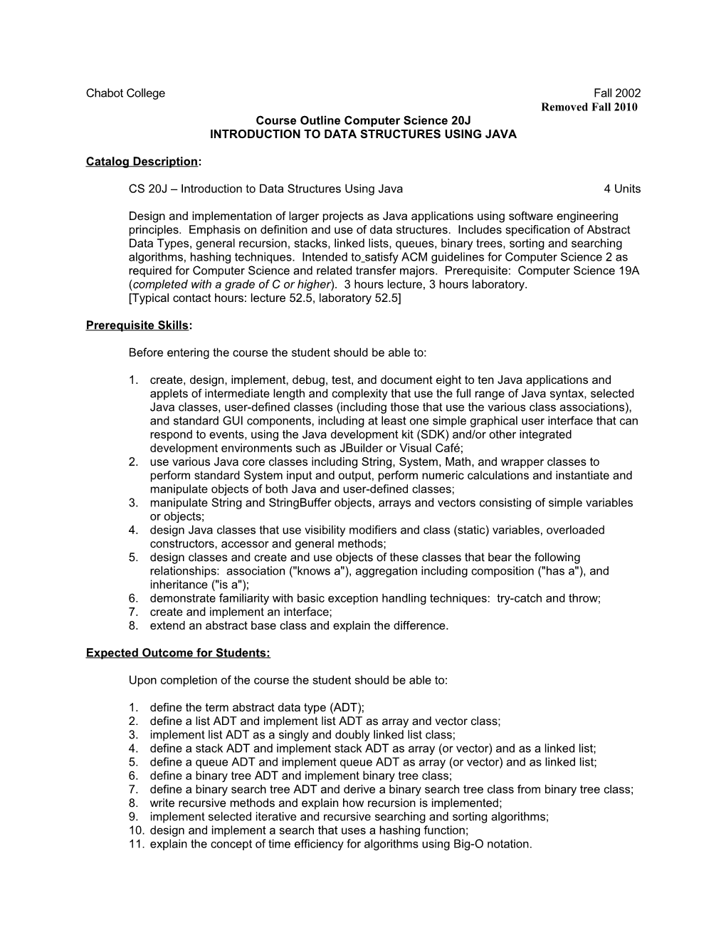 Course Outline Computer Science 20J