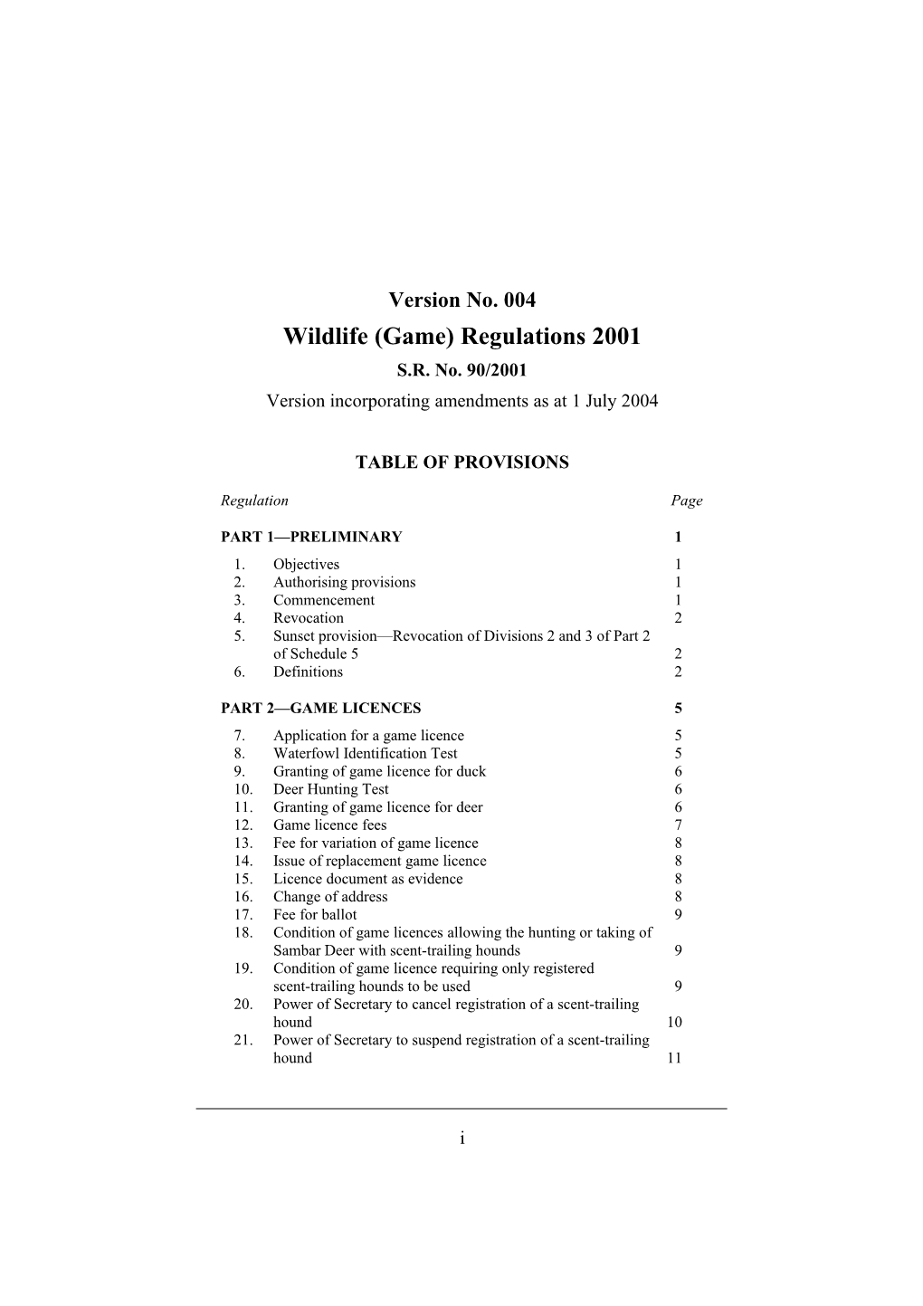 Wildlife (Game) Regulations 2001