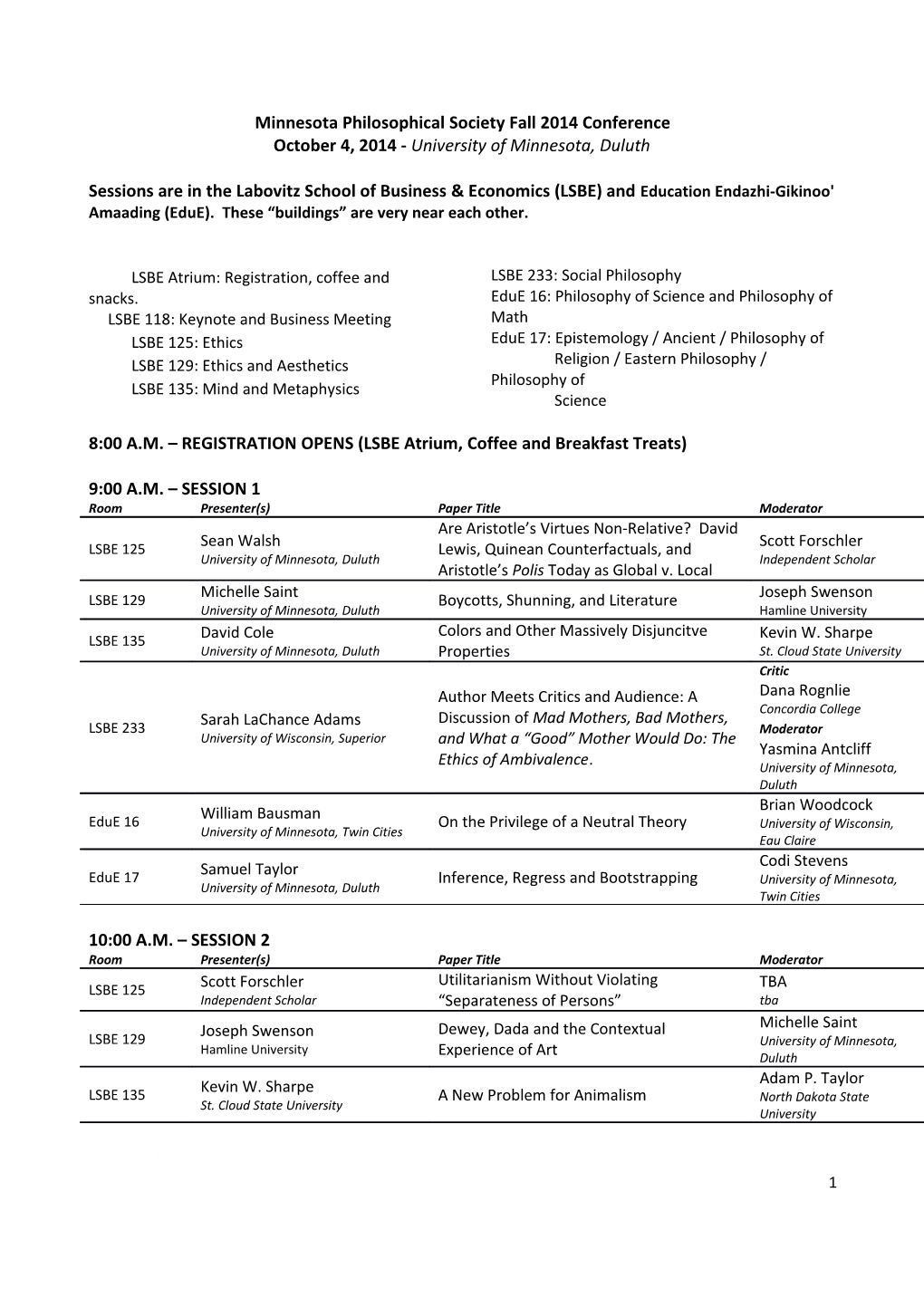 Minnesota Philosophical Society Conference Schedule