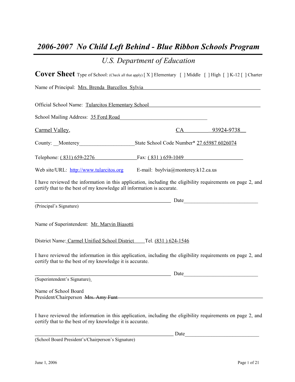 Application: 2006-2007, No Child Left Behind - Blue Ribbon Schools Program (MS Word) s14