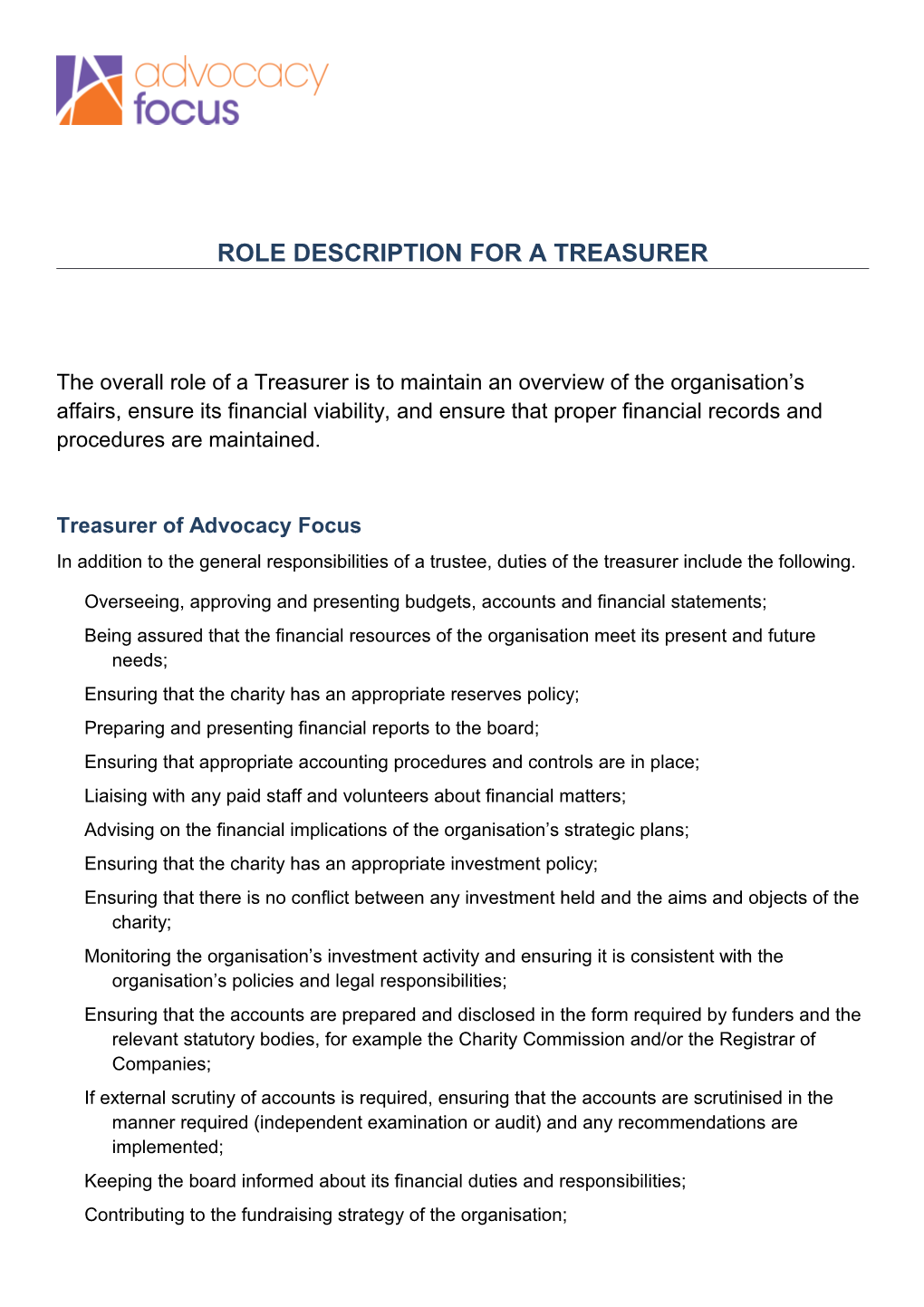 Role Description for a Treasurer