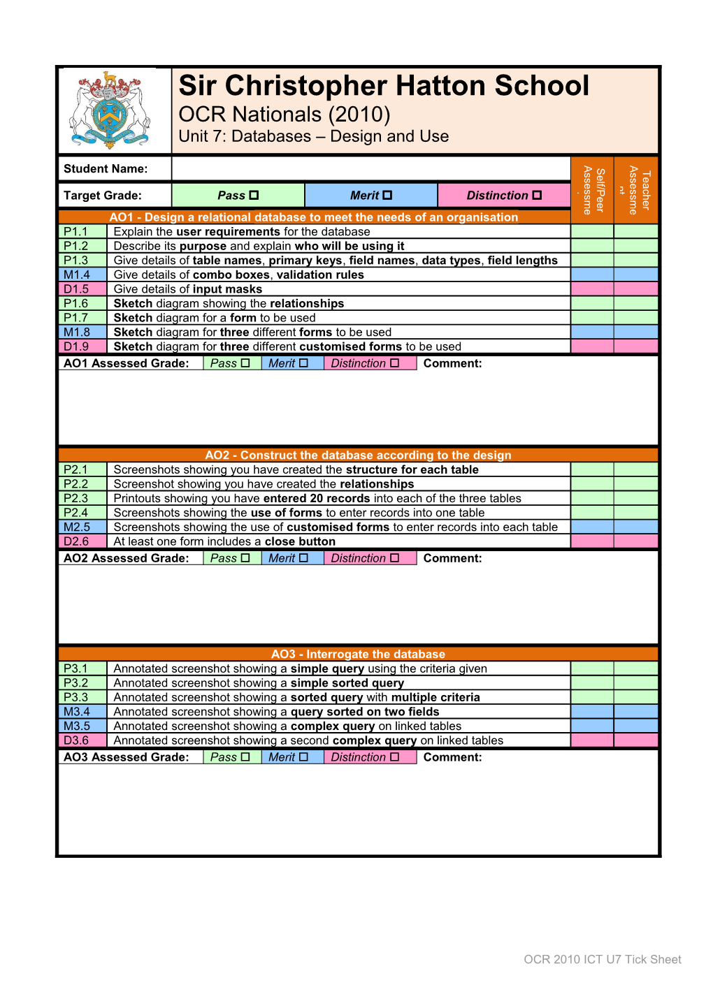 OCR 2010 ICT U7 Tick Sheet