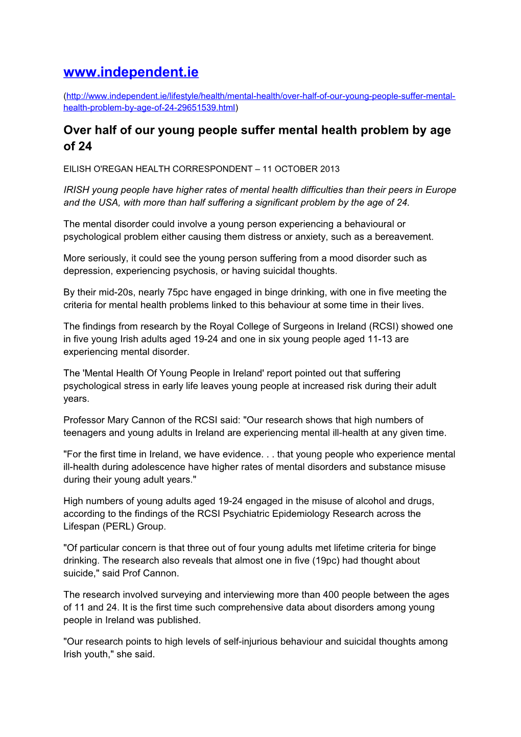 Over Half of Our Young People Suffer Mental Health Problem by Age of 24
