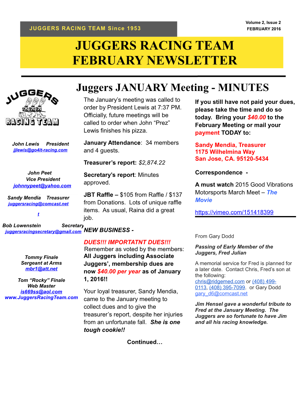 Juggers Racing Team February Newsletter Cont D