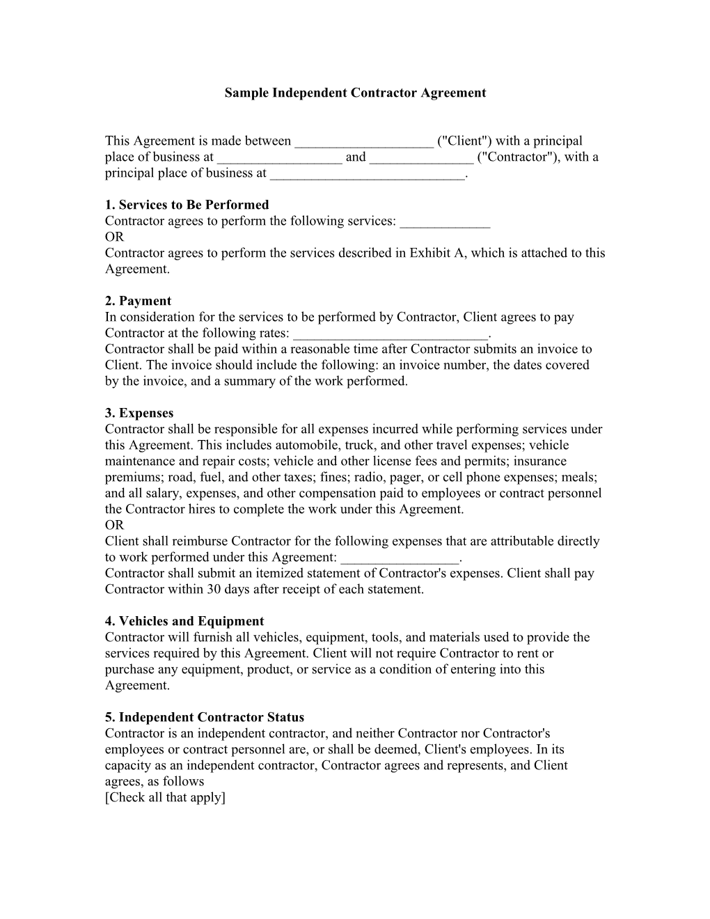 Sample Independent Contractor Agreement