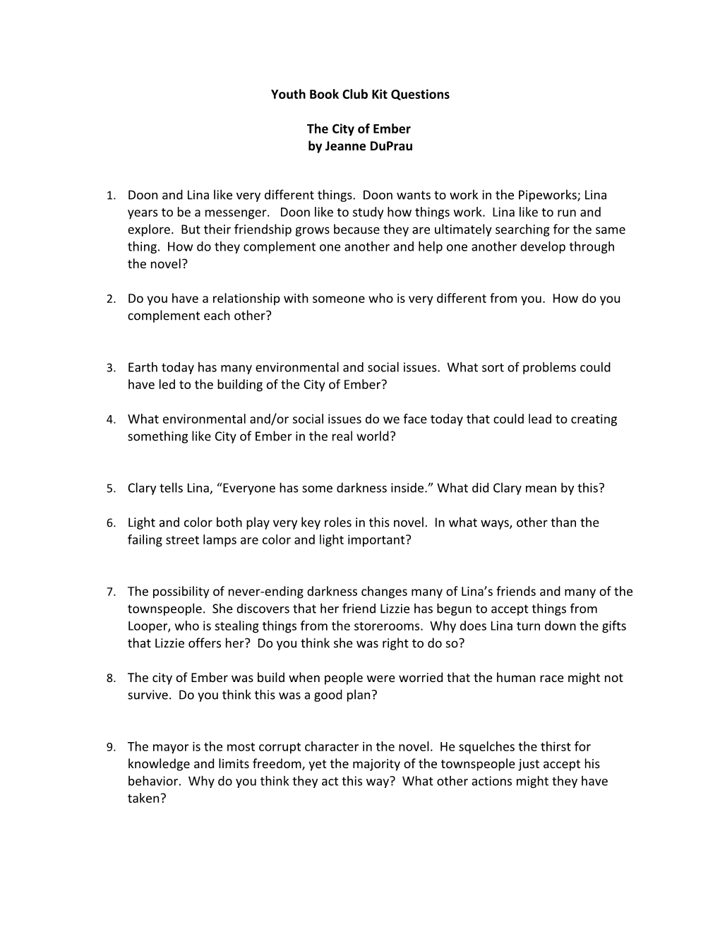 Youth Book Club Kit Questions s2