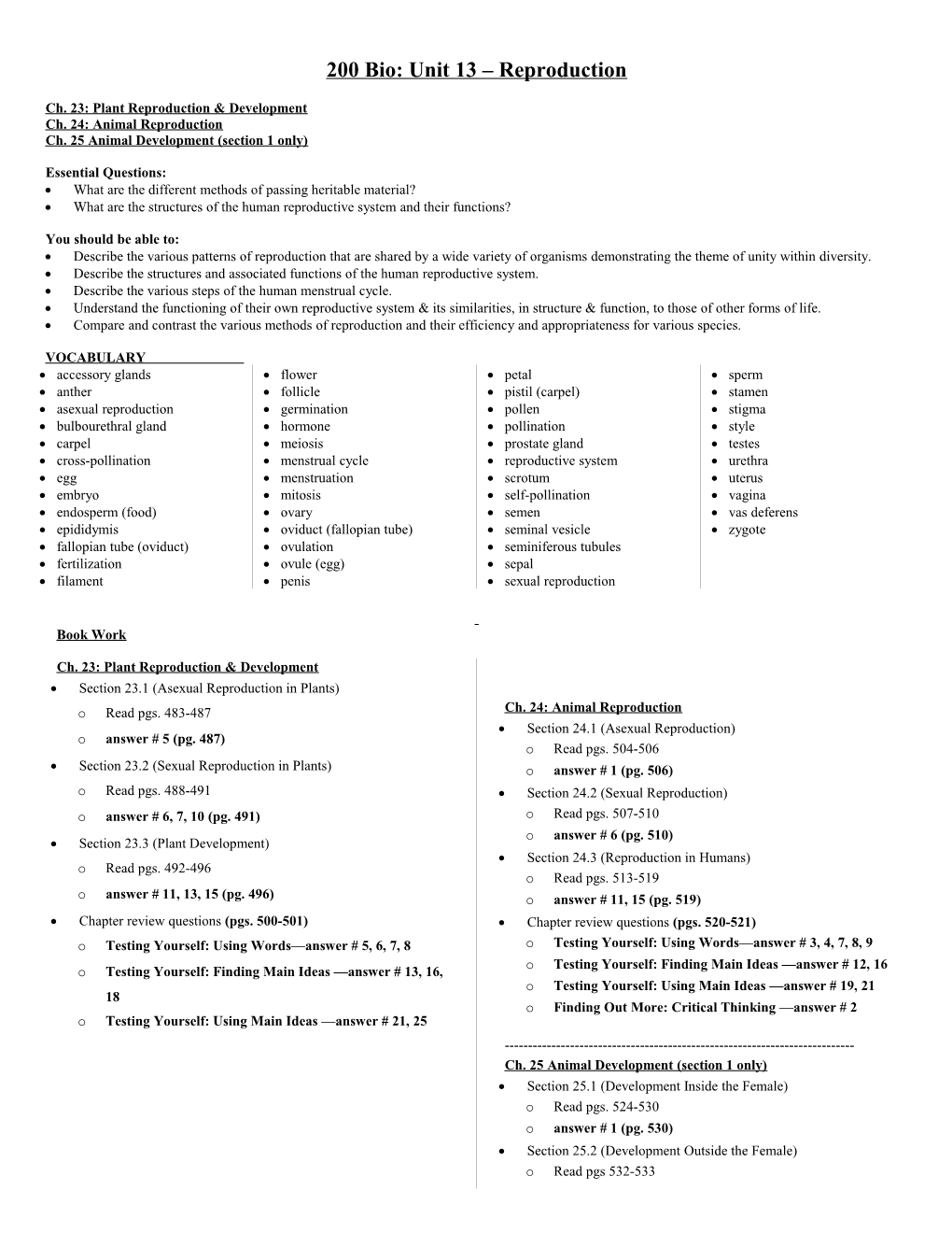 200 Bio: Unit 13 Reproduction