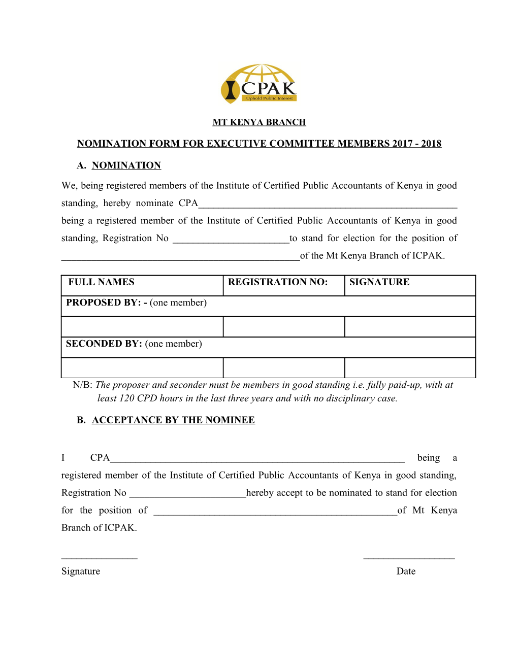 Nomination Form for Executive Committee Members 2017 - 2018