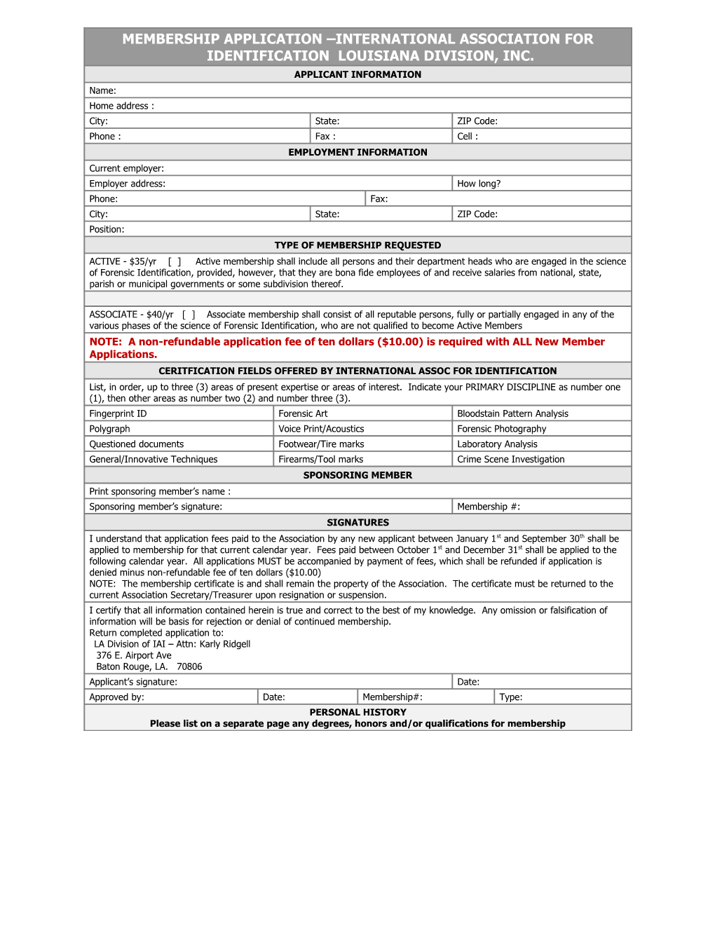 Membership Application International Association for Identification Louisiana Division, Inc