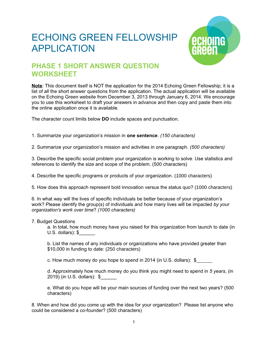 Phase 1 Short Answer Question Worksheet