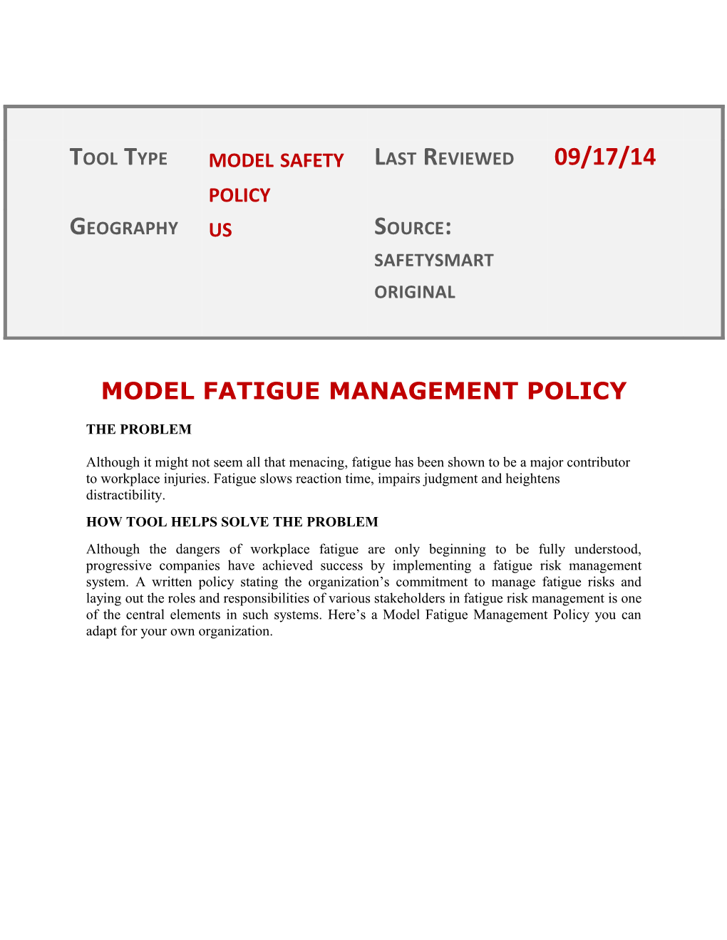 Model Fatigue Management Policy