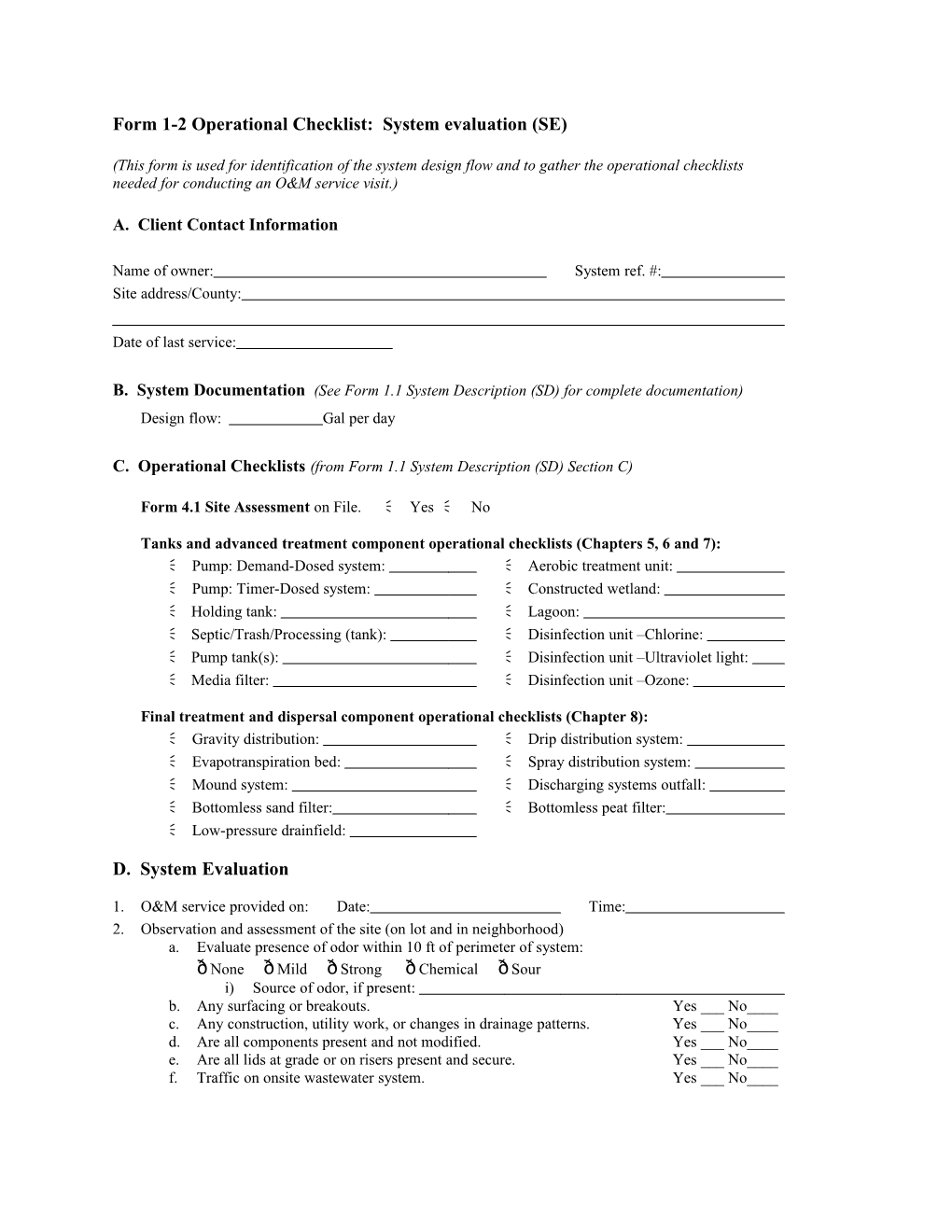 Form 1-2 Operational Checklist: System Evaluation (SE)