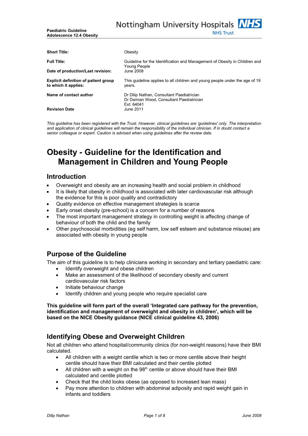 Obesity - Guideline for the Identification and Management in Children and Young People