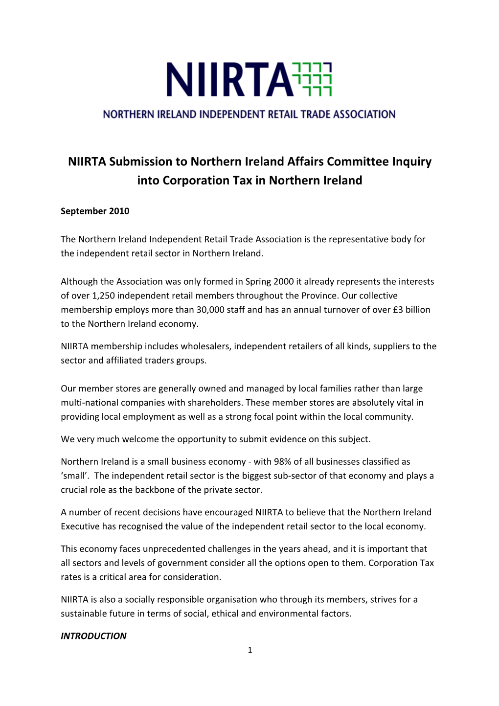 NIIRTA Submission to Northern Ireland Affairs Committee Inquiry Into Corporation Tax In