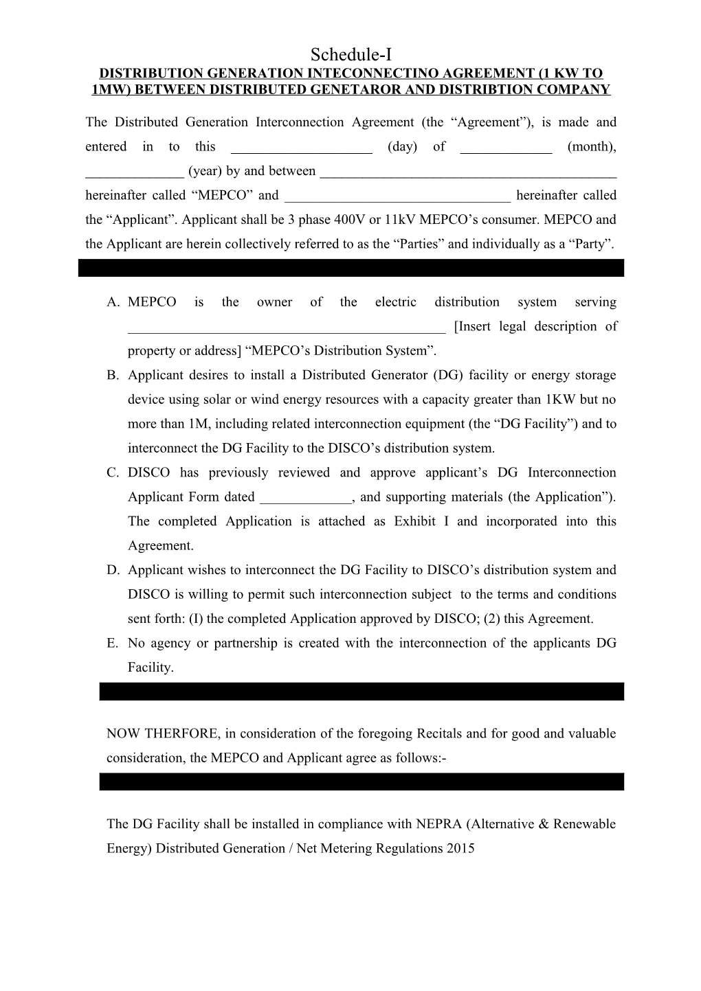 Distribution Generation Inteconnectino Agreement (1 Kw to 1Mw) Between Distributed Genetaror