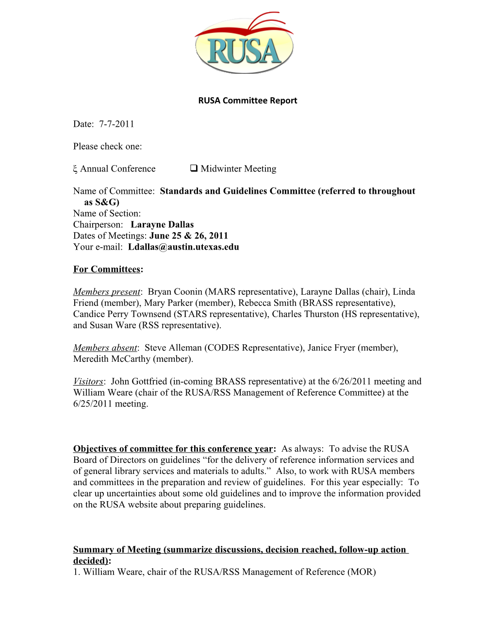 RUSA Committee Report Template