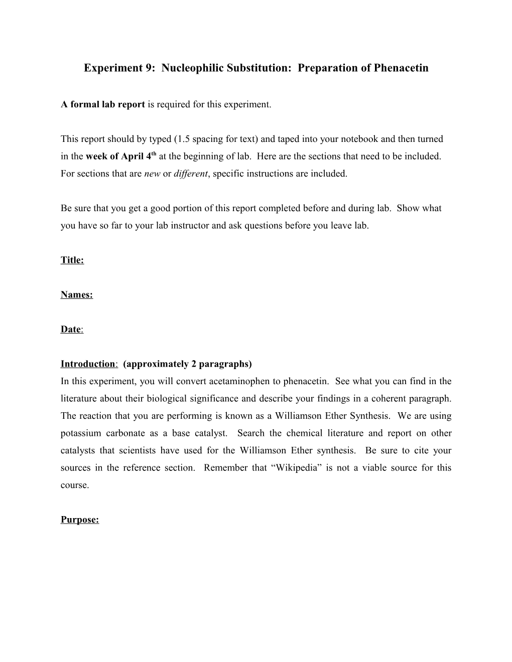 Experiment 9: Nucleophilic Substitution: Preparation of Phenacetin